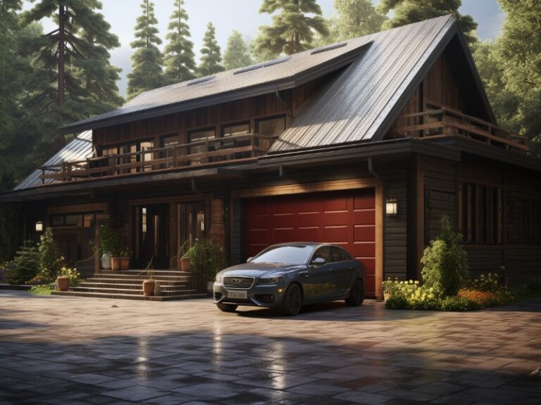 Rustic two-story house with a metal roof, large windows, and a red garage door, surrounded by tall trees and set on a paved driveway with a car parked in front.