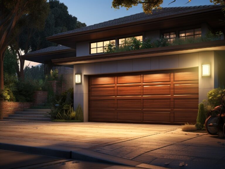 A contemporary house with a wooden garage door, illuminated by warm exterior lights, surrounded by lush greenery, in a tranquil neighborhood setting.