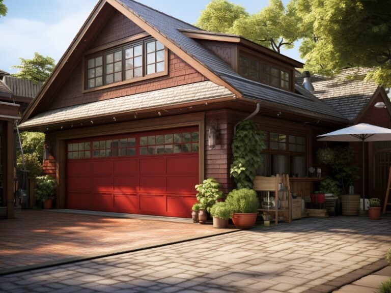 A charming house with a red garage door, surrounded by greenery and potted plants, featuring a cozy patio area.