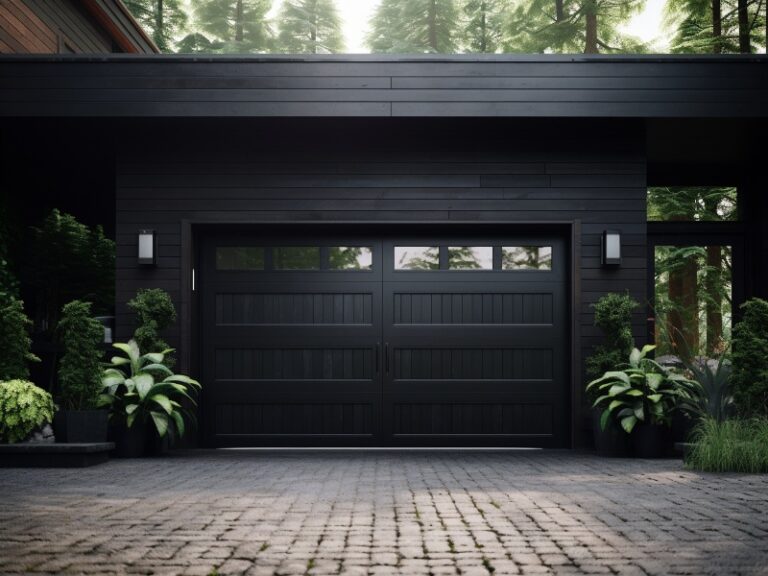 Elegant black garage door on a modern home in Ardmore, PA.