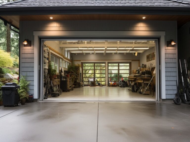 Open garage with an organized workshop inside, featuring tools, shelves, and a clean, spacious floor. The exterior has a modern design with warm lighting and a wet driveway.