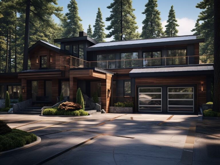 A contemporary two-story house with large windows, sleek glass garage doors, and surrounded by tall trees, featuring a spacious and well-maintained driveway.