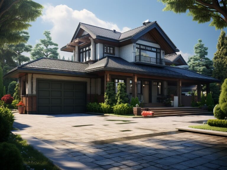 A charming two-story house with a dark garage door, surrounded by lush greenery and basking in sunlight on a clear day.