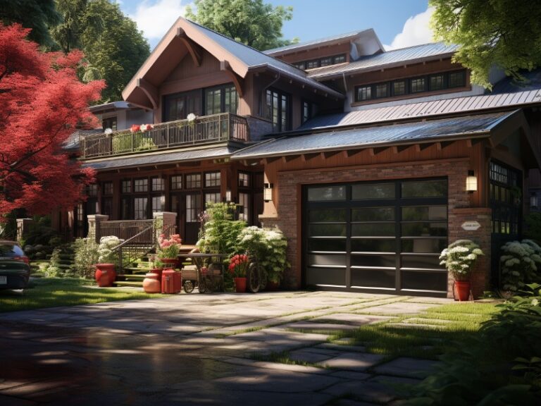 "Charming rustic home with a glass-paneled garage door, lush greenery, and a vibrant red tree in the yard."