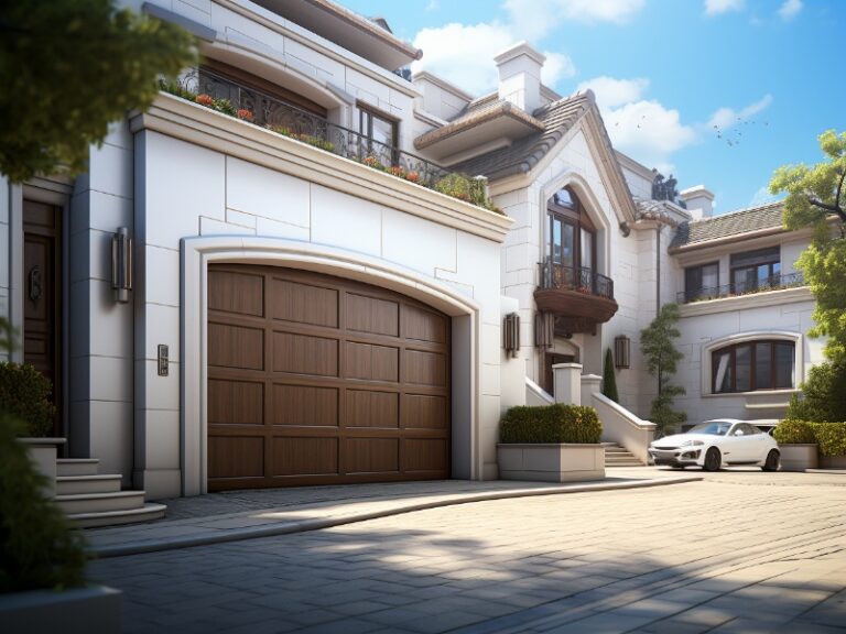 Elegant home with a wooden arched garage door, white exterior, and sophisticated architectural details.