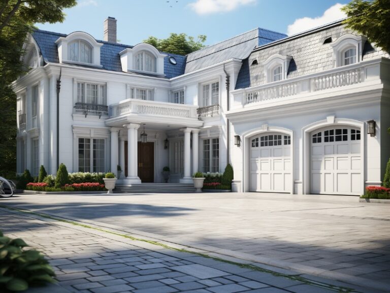 A grand white house with elegant architecture and double garage doors.