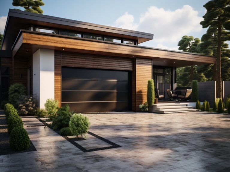 Modern home with a black garage door, wooden accents, and a paved driveway, surrounded by lush greenery.