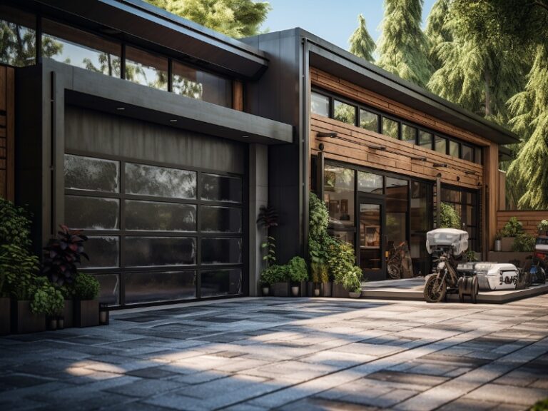 A contemporary home with a glass garage door, an open driveway, and a motorcycle parked outside, surrounded by tall trees and modern landscaping.