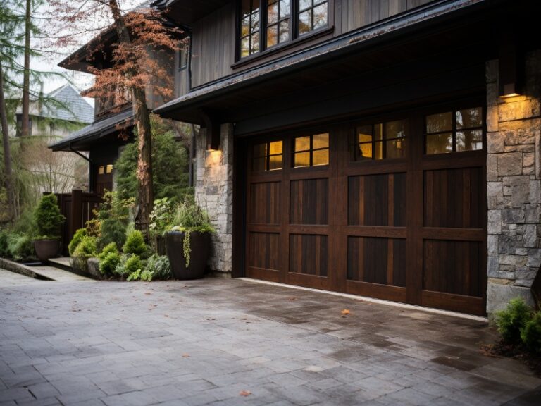 Rustic home with dark wooden garage door, stone accents, and landscaped surroundings.