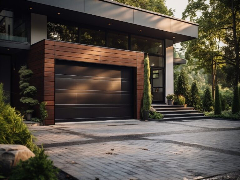 A modern home with a sleek wooden garage door, surrounded by minimalist landscaping and framed by tall trees, creating a serene and contemporary ambiance.