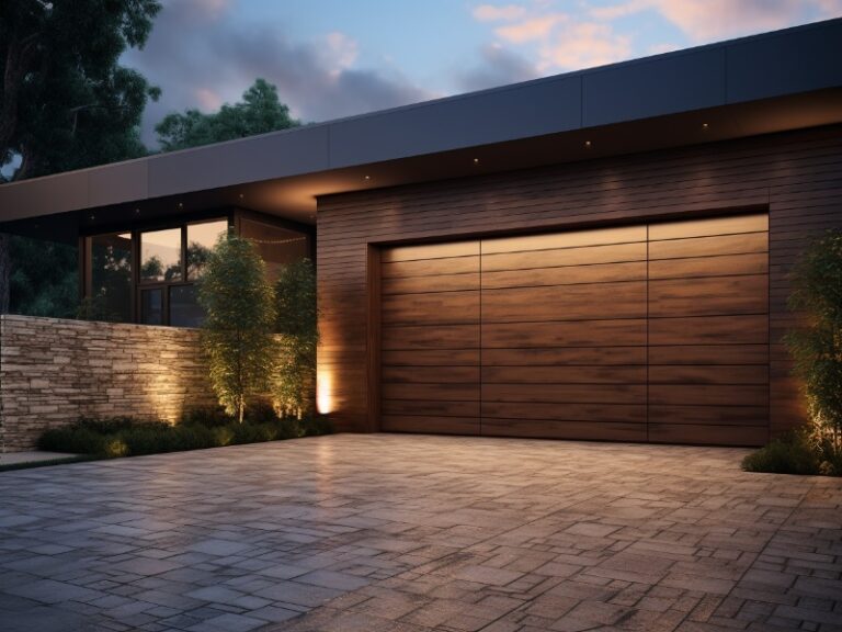Modern home with a wooden garage door and a paved driveway, highlighted by ambient lighting.