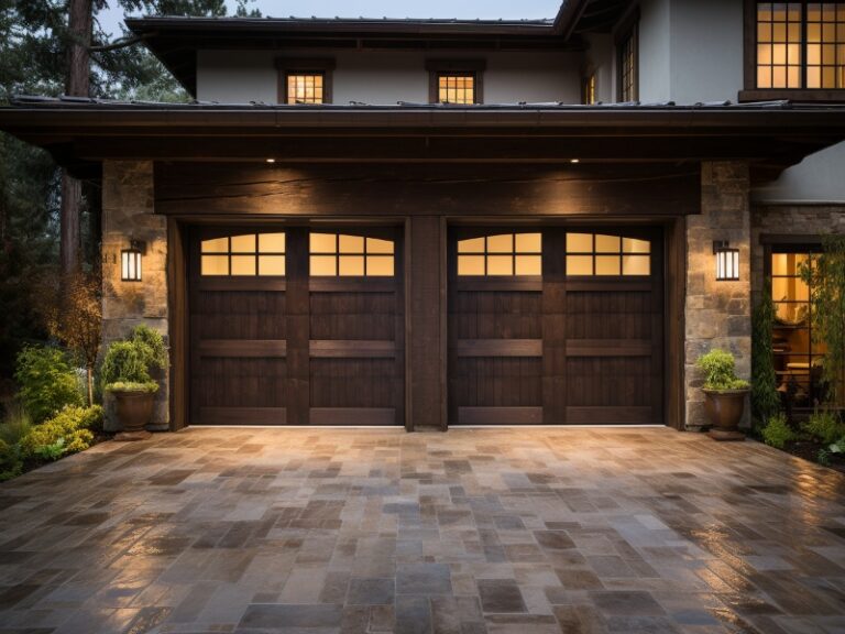 Traditional home with dark wooden double garage doors and warm exterior lighting.