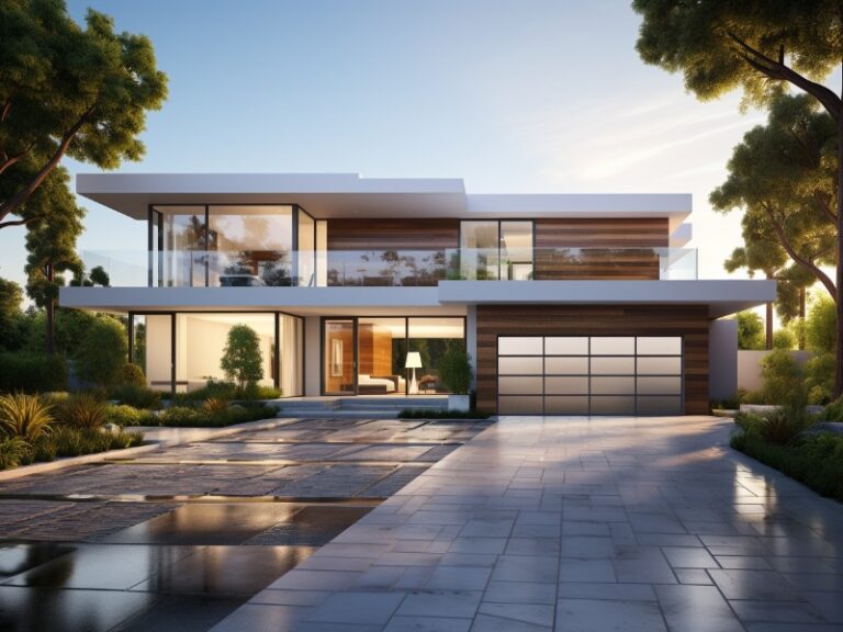 Sleek, minimalist design of a glass garage door on a modern home.