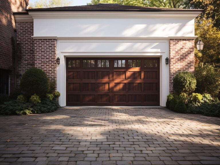 Wooden garage door on a brick house with surrounding greenery and a cobblestone driveway.