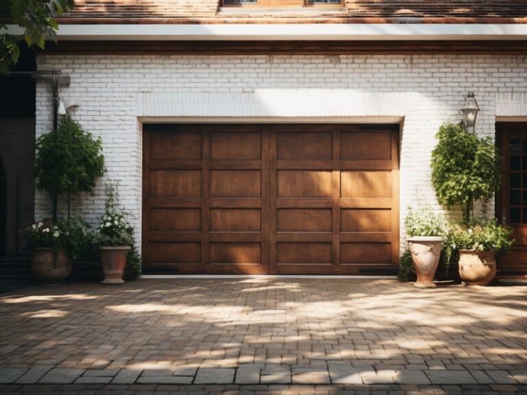 Traditional house with a white brick exterior, featuring a wooden garage door and potted plants on a sunlit, paved driveway.
