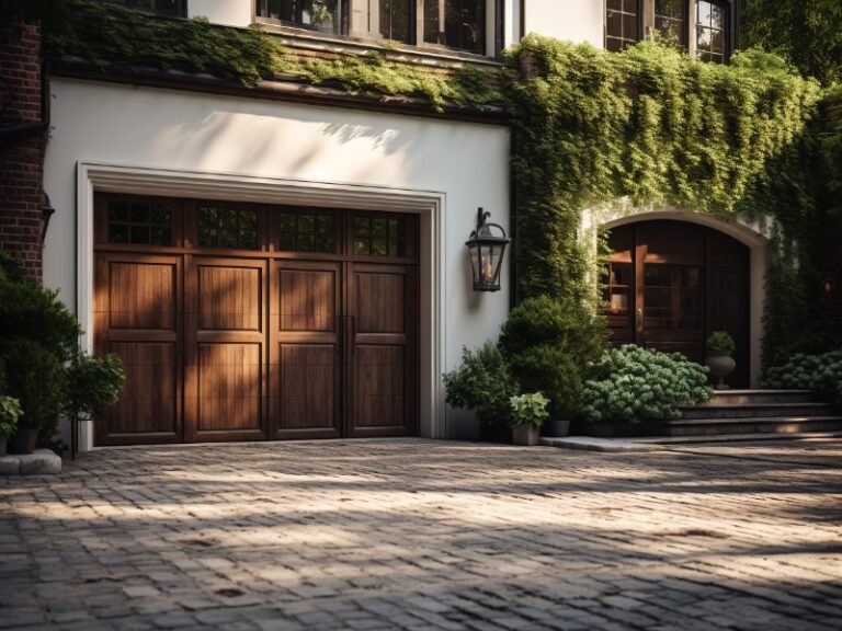 A charming residence with a wooden garage door, surrounded by ivy-covered walls and lush greenery, creating a cozy and inviting atmosphere.