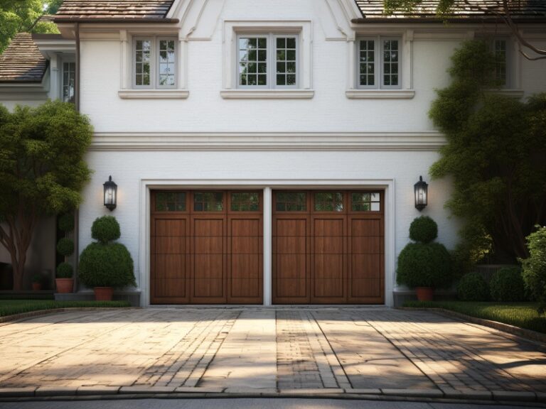 Elegant house with a white exterior and a double wooden garage door, flanked by lantern-style lights and neatly trimmed topiary trees, with a sunlit, paved driveway