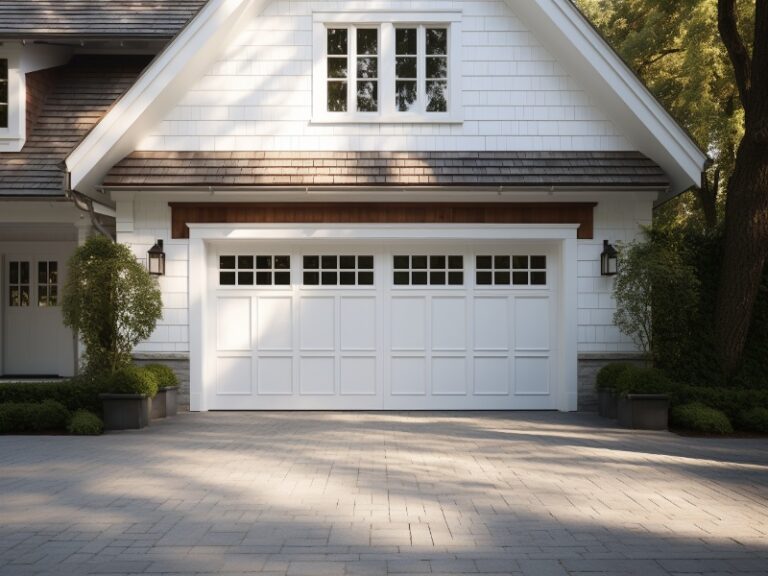 A charming home with a classic white garage door, matching the house's exterior, flanked by elegant lanterns and greenery, creating a warm and inviting entrance.