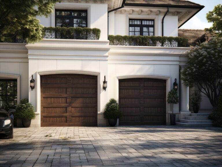 Elegant home with two wooden garage doors and classic architectural details.