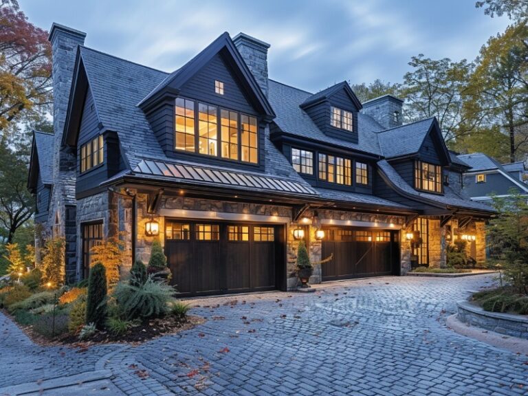 Stone house with multiple gables, large windows, and dark wooden garage doors.