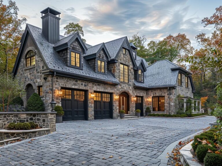 Charming stone house with black garage doors and a cobblestone driveway in a serene, wooded setting.