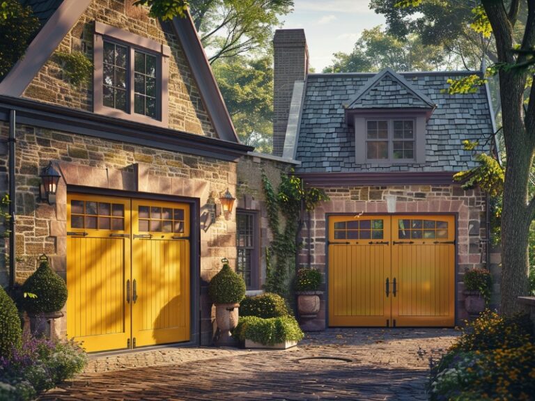 Stone cottage with two yellow garage doors surrounded by greenery.