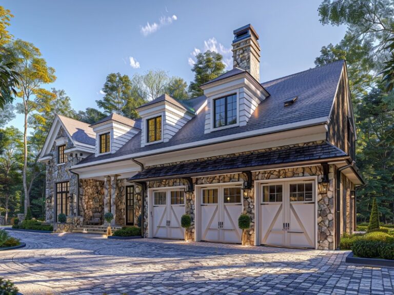 Traditional wooden side hinged garage doors enhancing curb appeal.