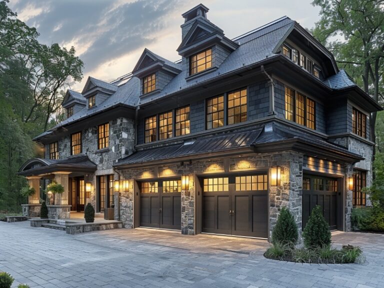 Elegant three-story stone house with black wooden garage doors and warm evening lighting.