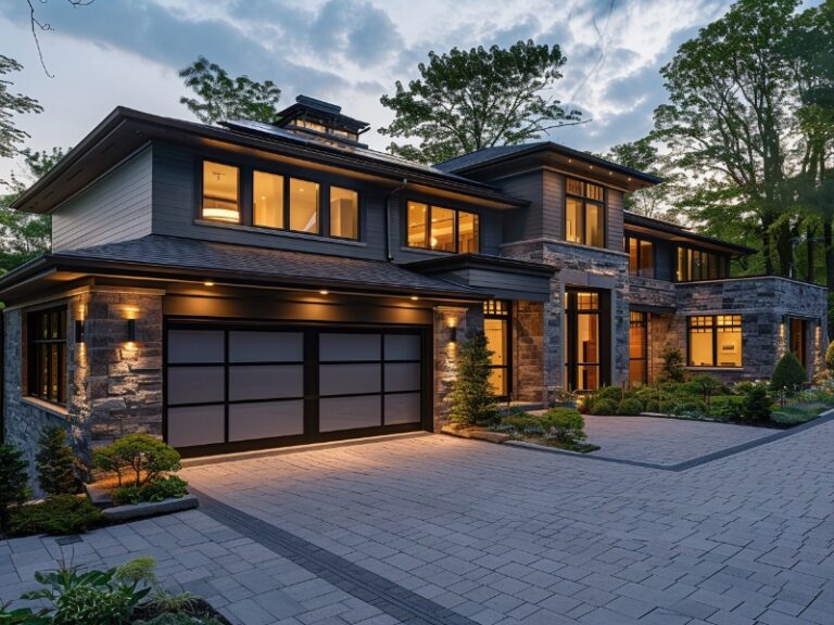 Energy-efficient modern garage door installed on an eco-friendly home.