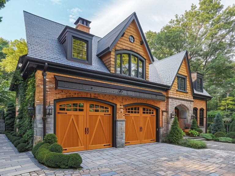 "Charming two-story house with wooden garage doors and lush landscaping."