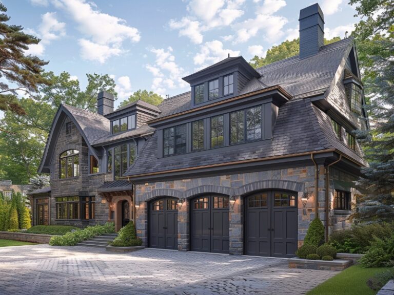 Stunning Wood Grain Garage Doors on Stately Stone Home