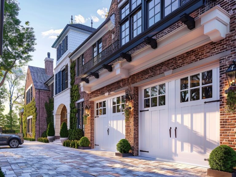 Insulated garage door with clear windows installed on a residential home.