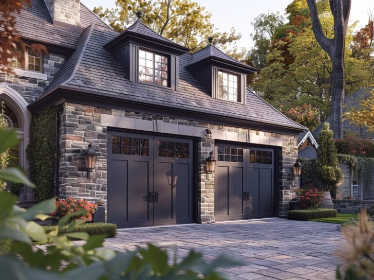 A picturesque stone house with black double garage doors, dormer windows, and a cobblestone driveway, surrounded by lush greenery and autumn trees.