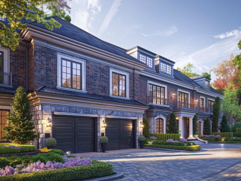 Elegant garage doors on a grand, brick mansion with well-manicured landscaping and classic architectural details, exuding luxury and sophistication.