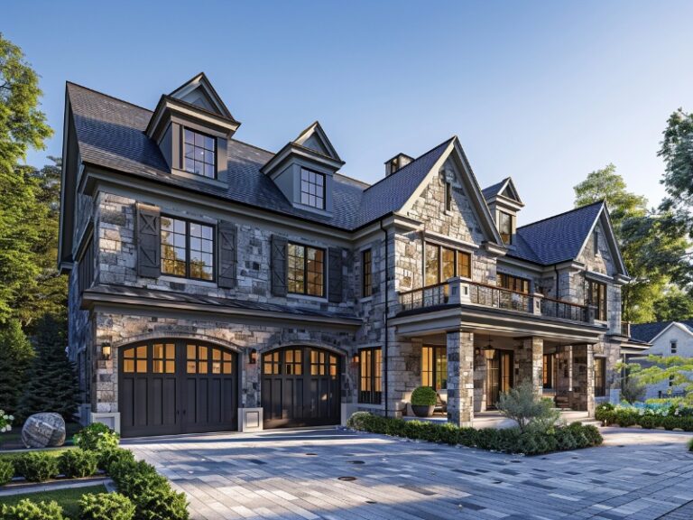 Luxury stone mansion with arched black wooden garage doors and a large, paved driveway.