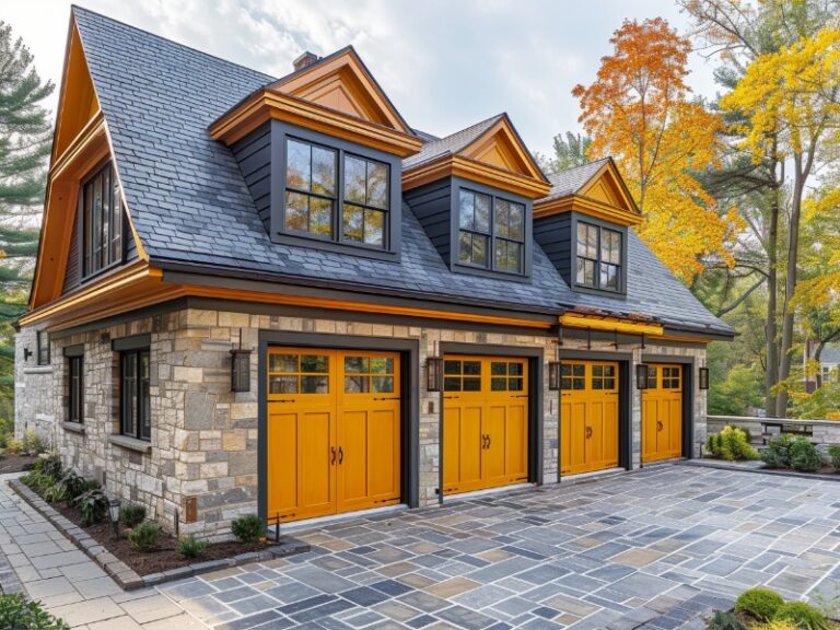 A charming home with a classic design, featuring three bright yellow garage doors, stone siding, and a slate-tiled driveway, surrounded by colorful autumn foliage and well-maintained landscaping.