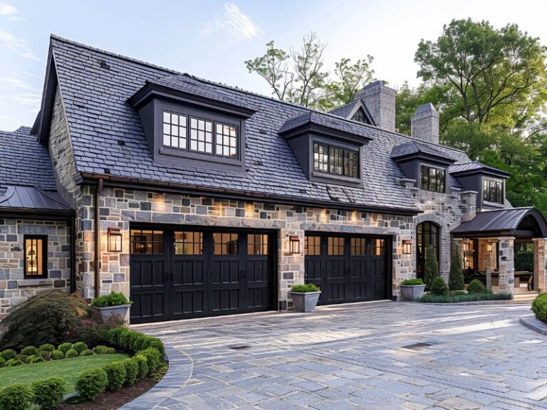 Elegant stone house with black wooden garage doors and a spacious driveway.