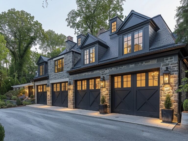 Stylish stone home with dark wooden garage doors and warm evening lighting.