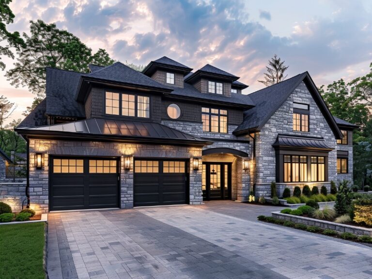 A large, elegant stone house with three black garage doors, illuminated warmly at dusk, with a spacious driveway and well-maintained landscaping.