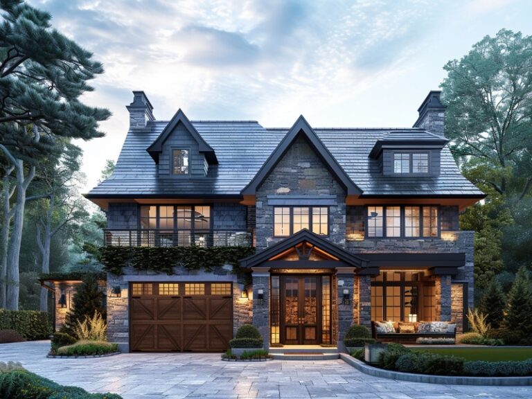 A charming, traditional stone house with wooden accents, featuring a single wooden garage door, lush landscaping, and warm outdoor lighting.