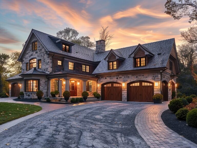 Rustic wooden garage doors on a charming stone house, featuring a spacious driveway and warm exterior lighting, creating a welcoming and elegant appearance.