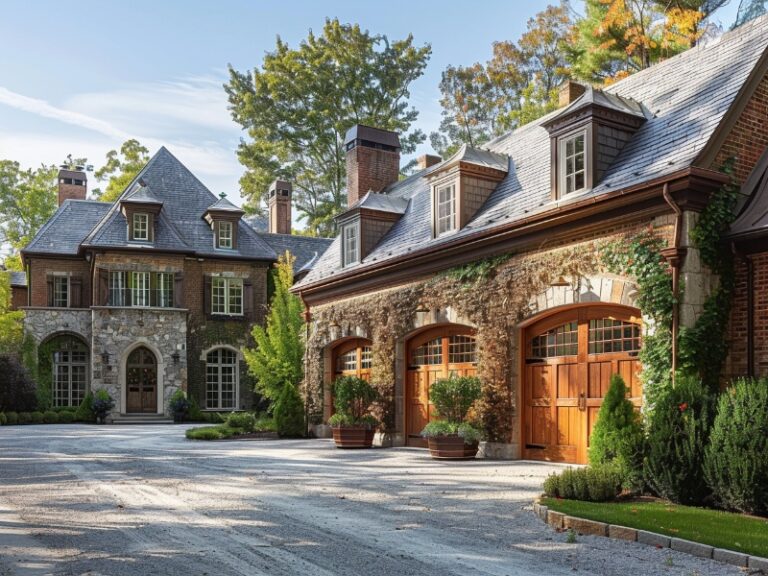 Luxurious estate featuring arched wooden garage doors and elegant stone architecture in Wayne, PA.