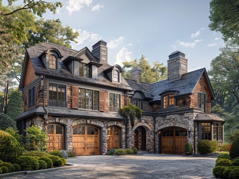 Charming stone-clad house in Wayne, PA, with multiple wooden garage doors and a spacious driveway.