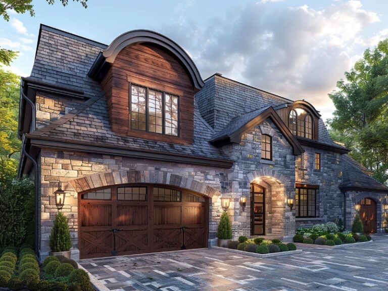 A charming stone-clad home with a steep gabled roof, featuring an elegant wooden garage door, a beautifully paved driveway, and lush greenery, all illuminated by soft, natural light.