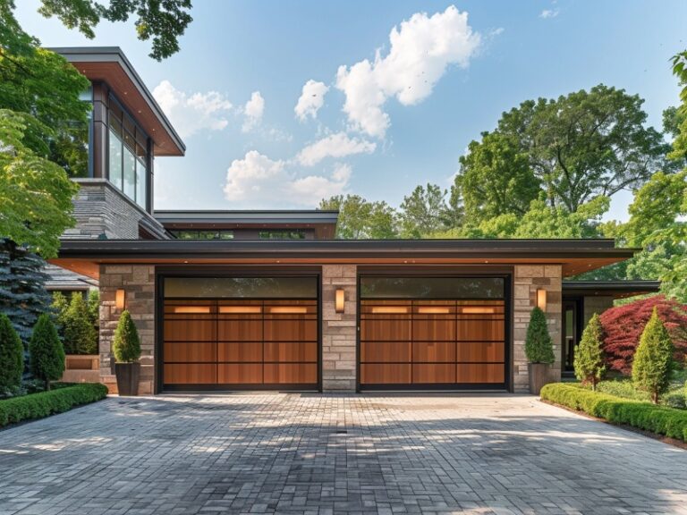 A contemporary home with a flat roof and sleek design, featuring warm wooden garage doors, a spacious paved driveway, and surrounded by well-maintained greenery in bright daylight.