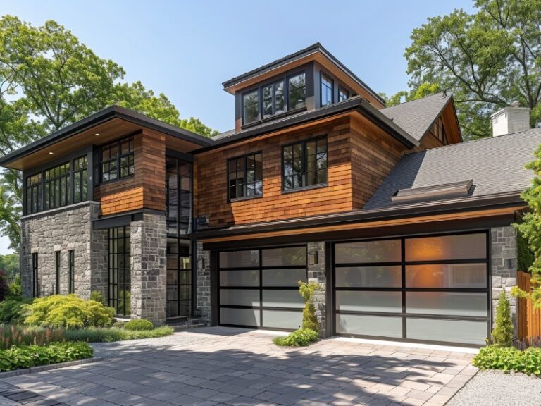 Frosted glass garage door on a modern home. Running smoothly, after trouble shooting garage door motor issues in Berwyn, PA.