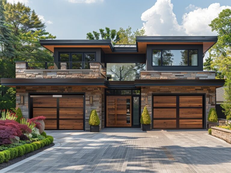 Modern two-story house with wooden garage doors, large windows, and a landscaped driveway.