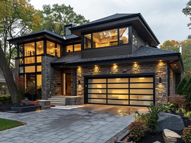 A modern two-story house with large glass windows, a sleek glass-paneled garage door, warm interior lighting, and a spacious paved driveway, surrounded by well-maintained landscaping and trees.