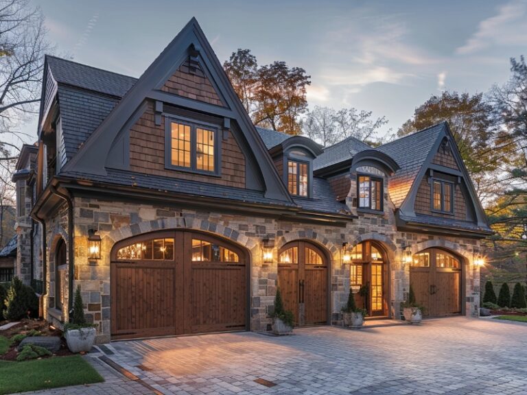 Stone house with multiple gables, arched windows, and wooden garage doors.