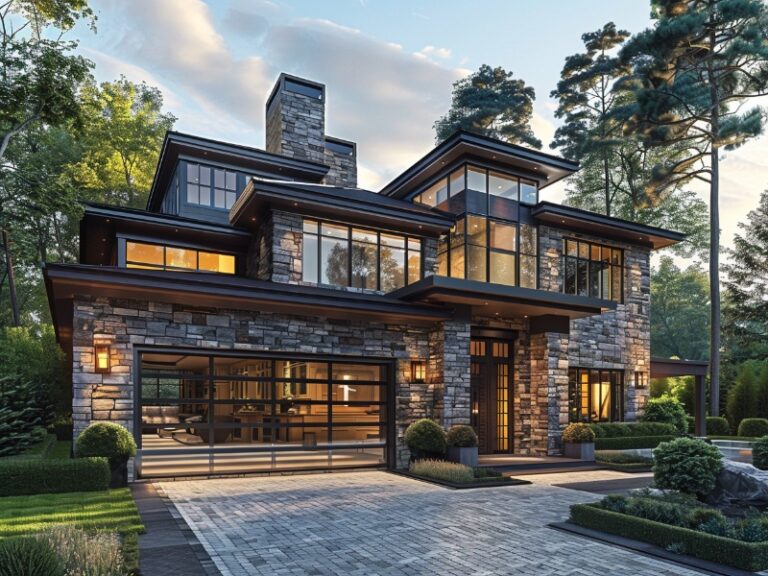 A contemporary stone and glass house with a sleek, glass-panel garage door, surrounded by lush greenery and well-manicured landscaping.